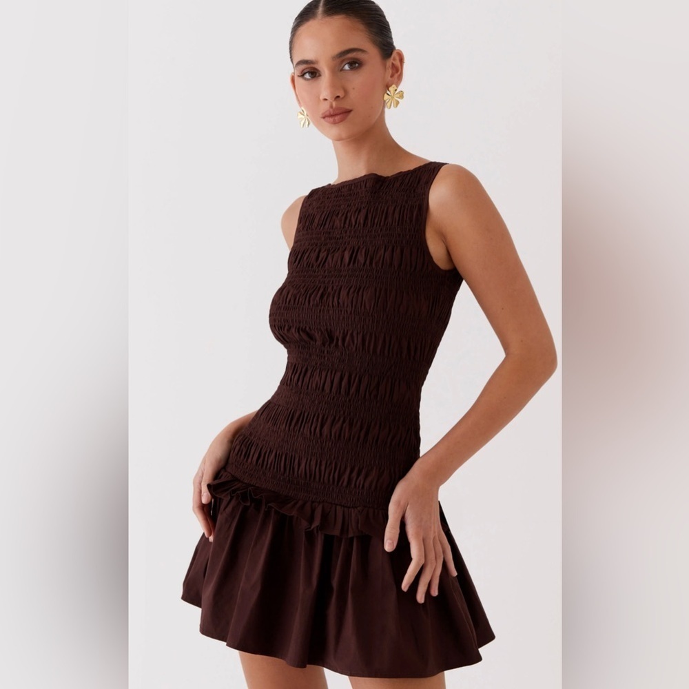 NWT Peppermayo Exclusive - Garden Kisses Shirred Mini Dress - Chocolate, Size 6 - Picture 2 of 15